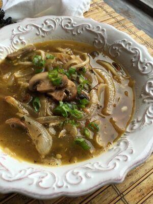 Daikon Noodle Soup with Onions & Portobello Mushrooms